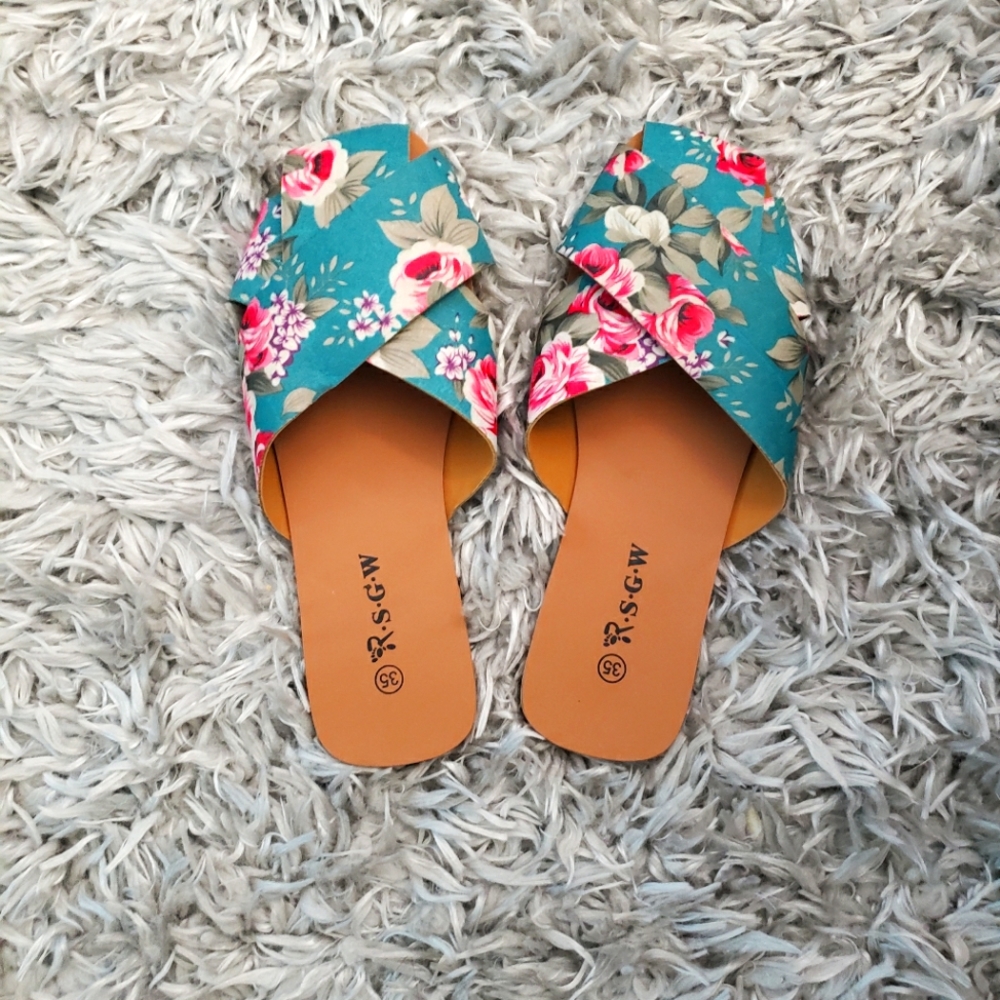 Teal floral flats